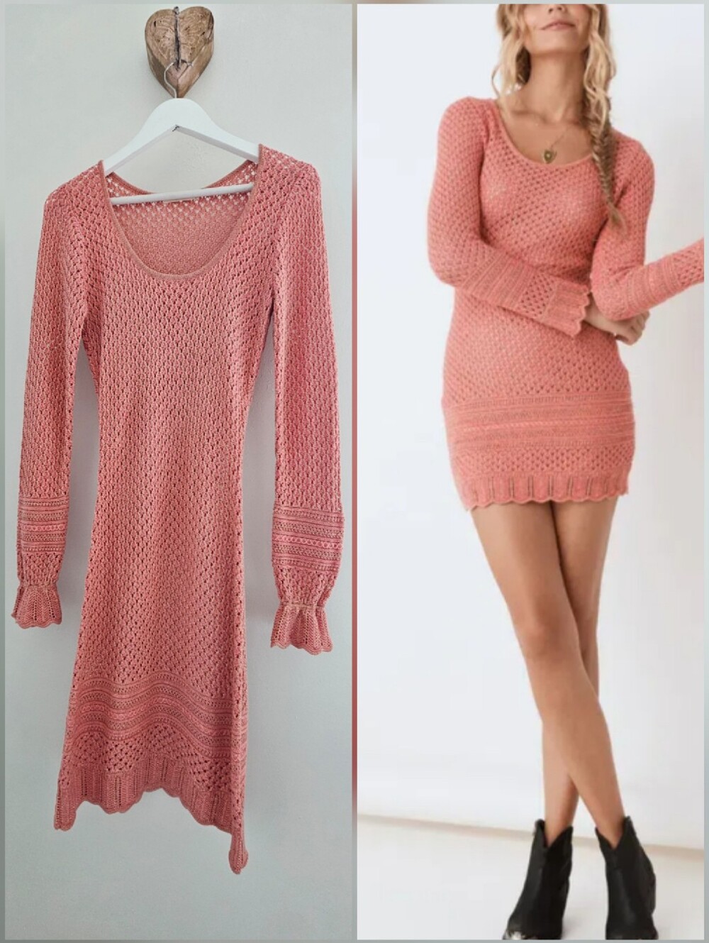 Spell Lily Impala Coral Metallic Crochet Knit Long Sleeve Mini Dress